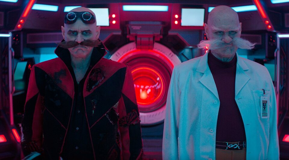 Jim Carrey en su doble papel como Ivo y Gerald Robotnik en 'Sonic 3: La película'