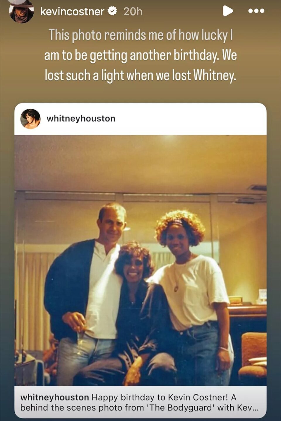 Story de Kevin Costner recordando a Whitney Houston