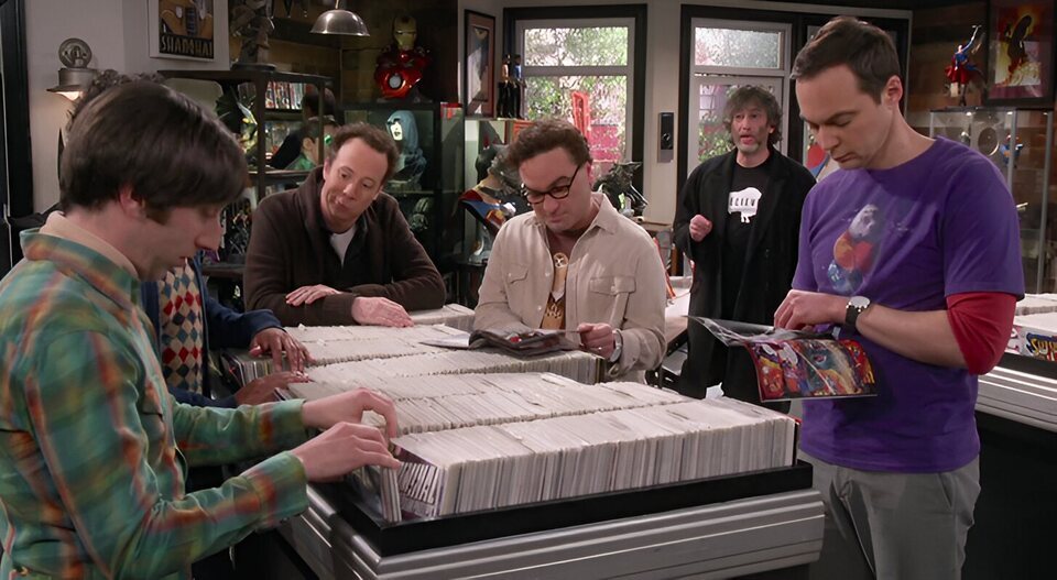 Los protagonistas de 'The Big Bang Theory' en la tienda de cómics de Stuart (Kevin Sussman)