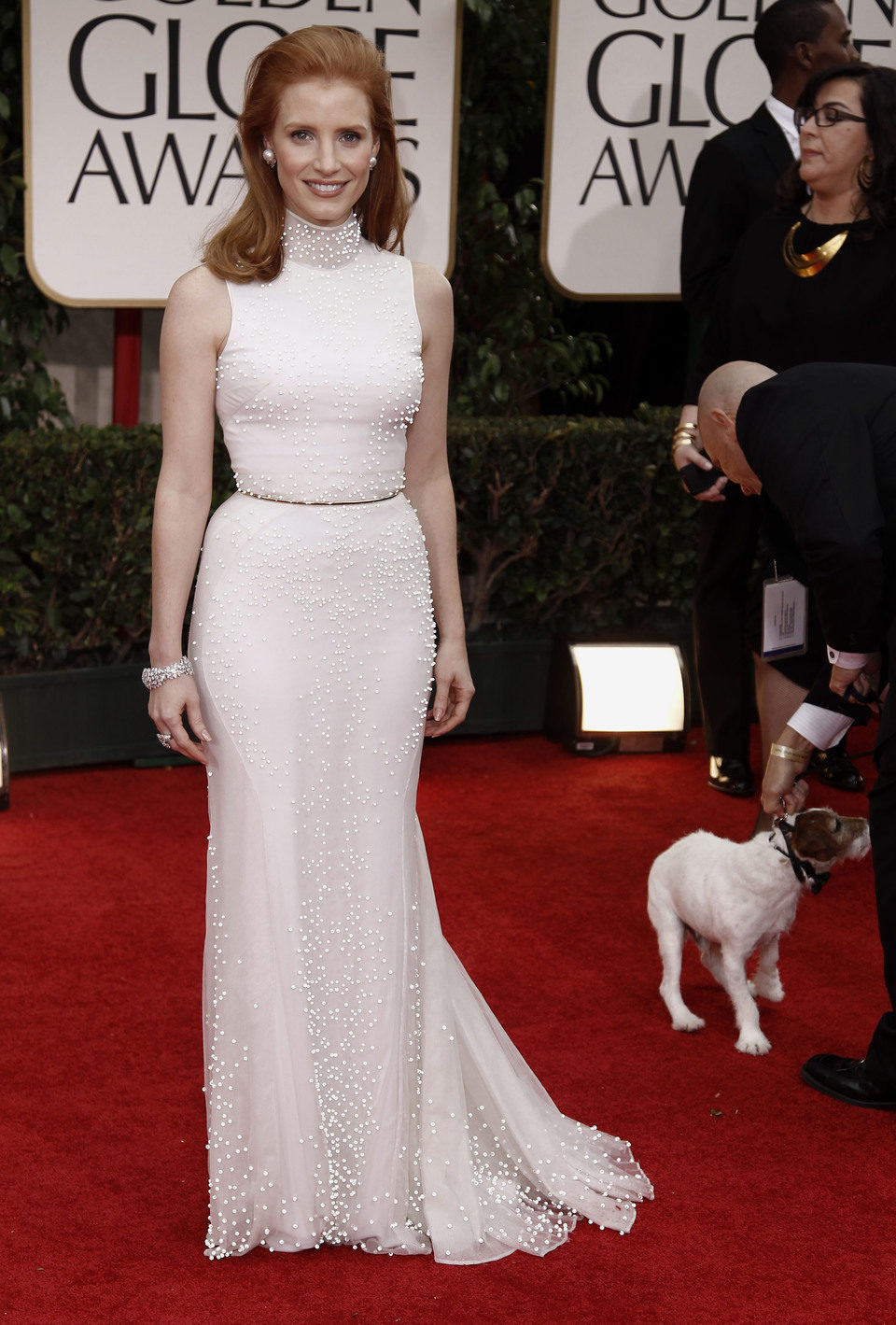 Jessica Chastain en la alfombra roja de los Globos de Oro 2012