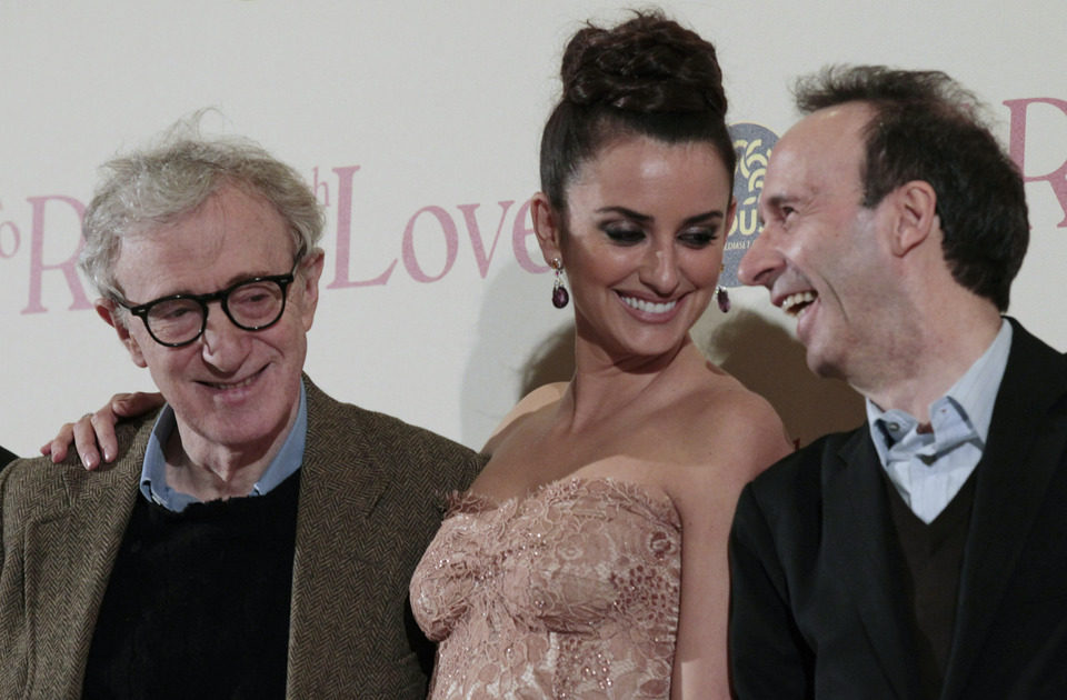 Woody Allen, Penélope Cruz y Roberto Benigni en la premiére de 'To Rome with Love' en Italia