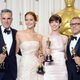 Daniel Day-Lewis, Jennifer Lawrence, Anne Hathaway y Christoph Waltz posan con sus Oscar 2013