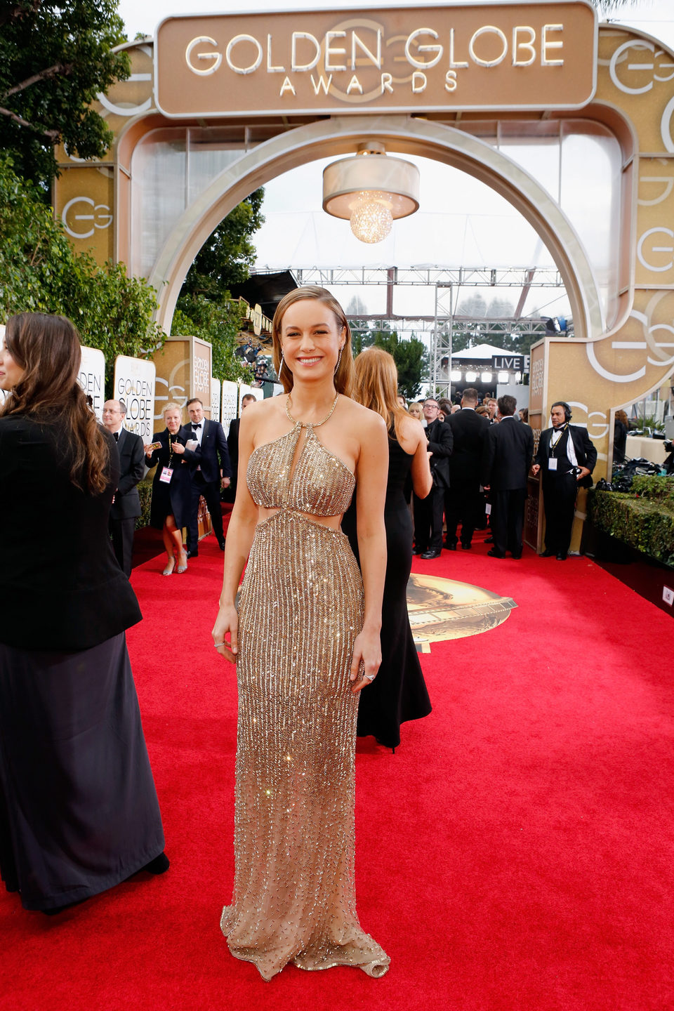 Brie Larson en la alfombra roja de los Globos de Oro 2016