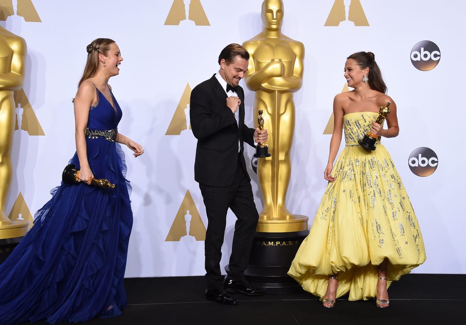 Brie Larson, Leonardo DiCaprio y Alicia Vikander Oscars 2016