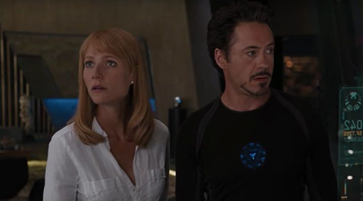 Gwyneth Paltrow and Robert Downey Jr. as Pepper Potts and Tony Stark.