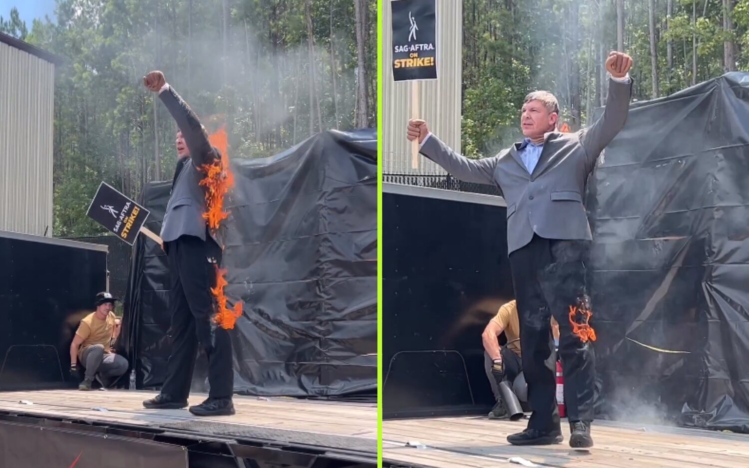 El doble de acción de Harrison Ford se prende fuego en una manifestación de la huelga de actores