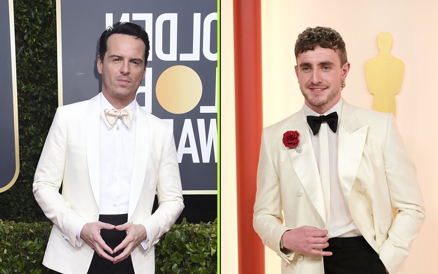 Andrew Scott en la gala de los Goblos de Oro 2020 y Paul Mescal en la gala de los Oscar 2023