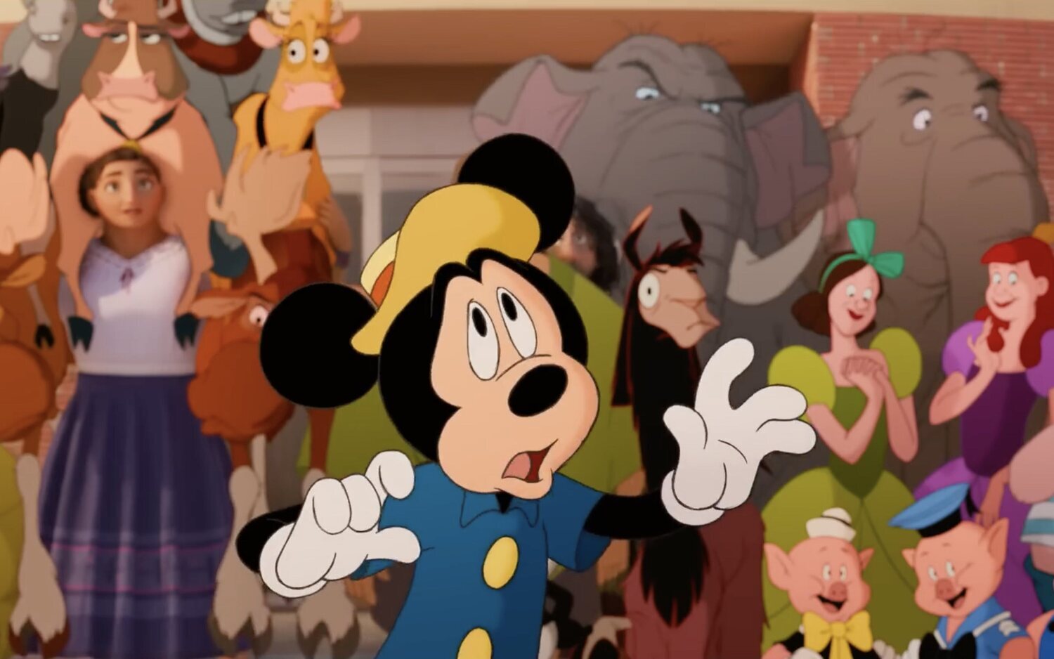 Mickey Mouse rodeado de un montón de personajes Disney en 'Once Upon a Studio'