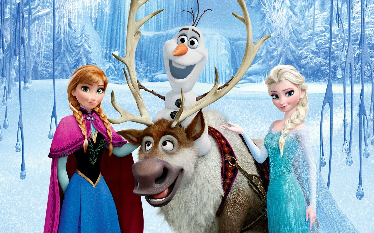 Las hermanas Anna y Elsa junto a Olaf y Sven