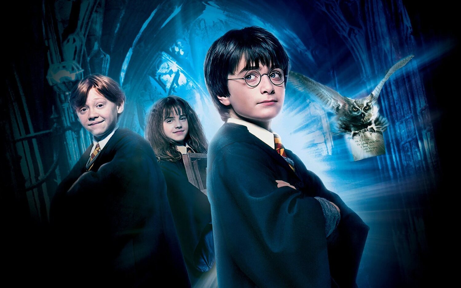 Rupert Grint, Emma Watson y Daniel Radcliffe en el cartel de 'Harry Potter y la piedra filosofal'