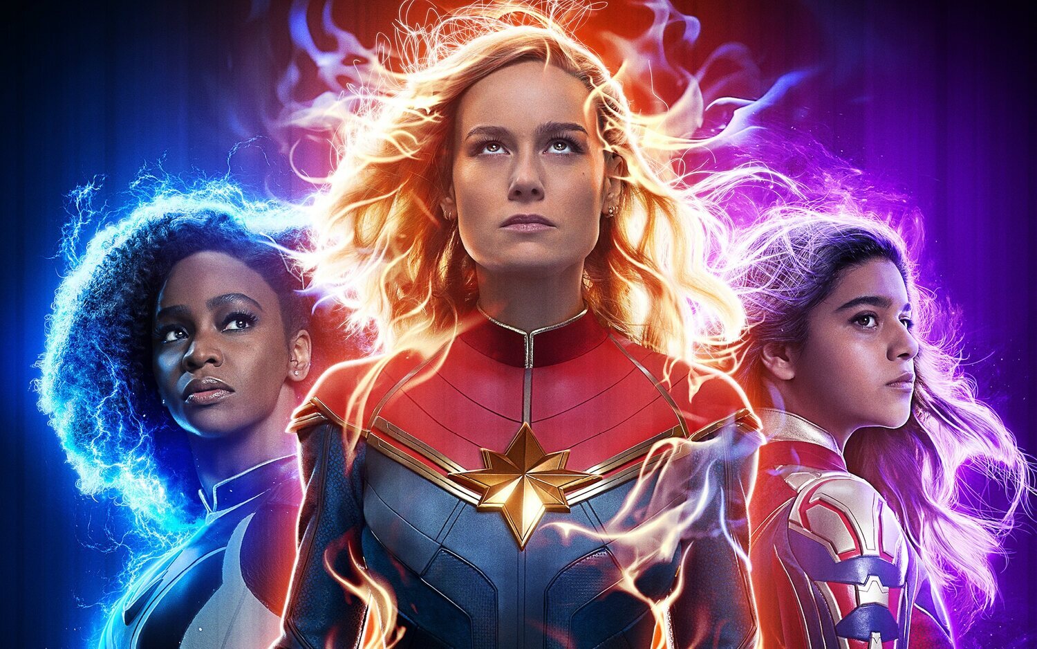 Teyonah Parris, Brie Larson e Iman Vellani en el cartel oficial de 'The Marvels'