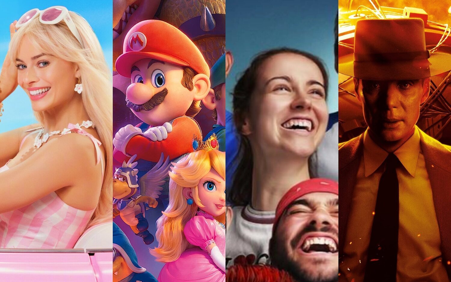 Collage con imágenes de 'Barbie', 'Super Marios Bros. La película', 'Campeonex' y 'Oppenheimer'