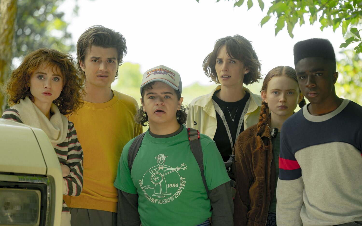 Natalia Dyer, Joe Keery, Gaten Matarazzo, Maya Hawke, Sadie Sink y Caleb McLaughlin en 'Stranger Things'