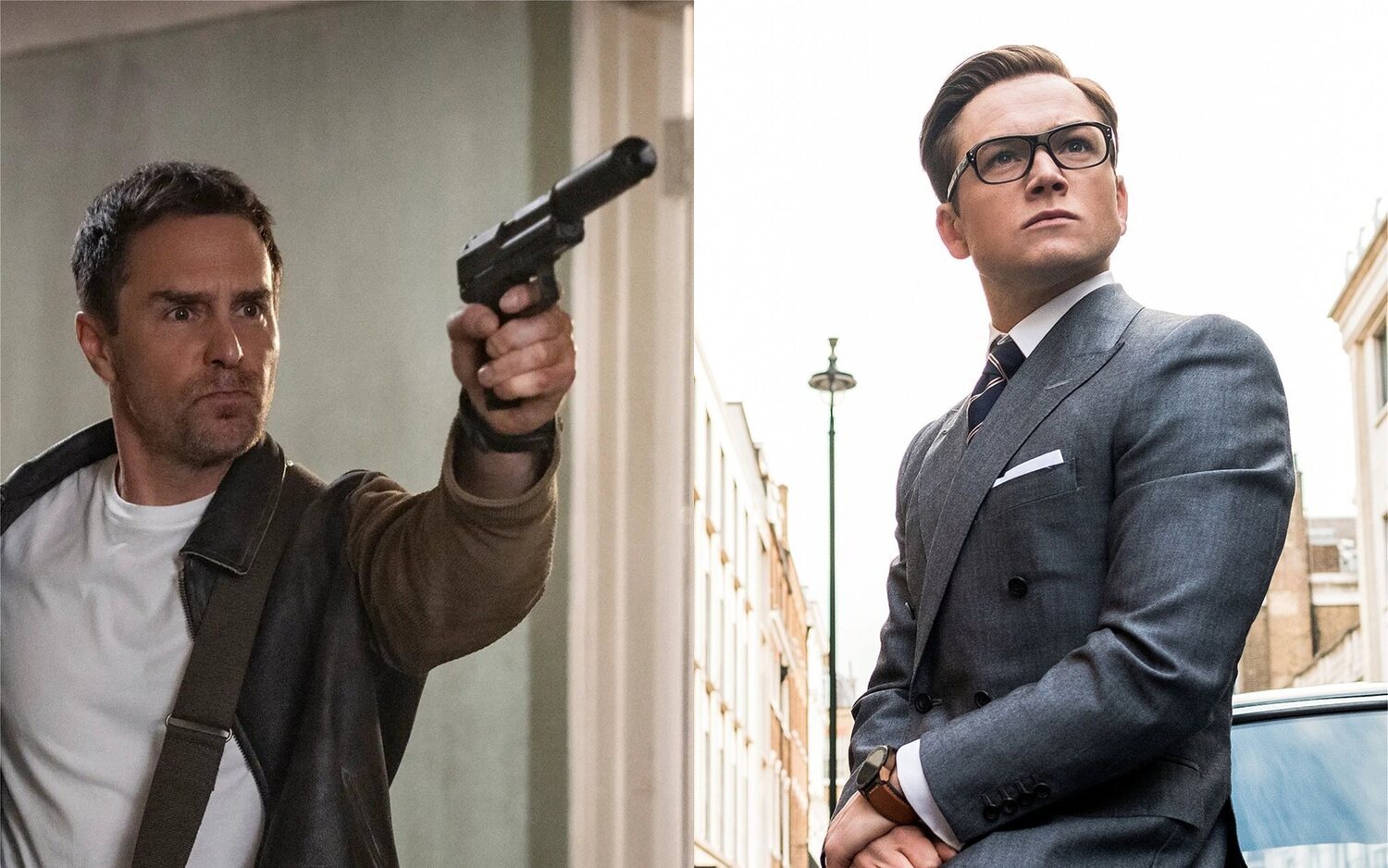 Sam Rockwell como Aidan en 'Argylle' y Taron Egerton como Eggsy en 'Kingsman: Servicio secreto'