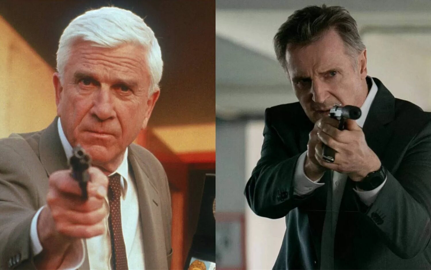 Leslie Nielsen en 'Agárralo como puedas' y Liam Neeson en 'Venganza'