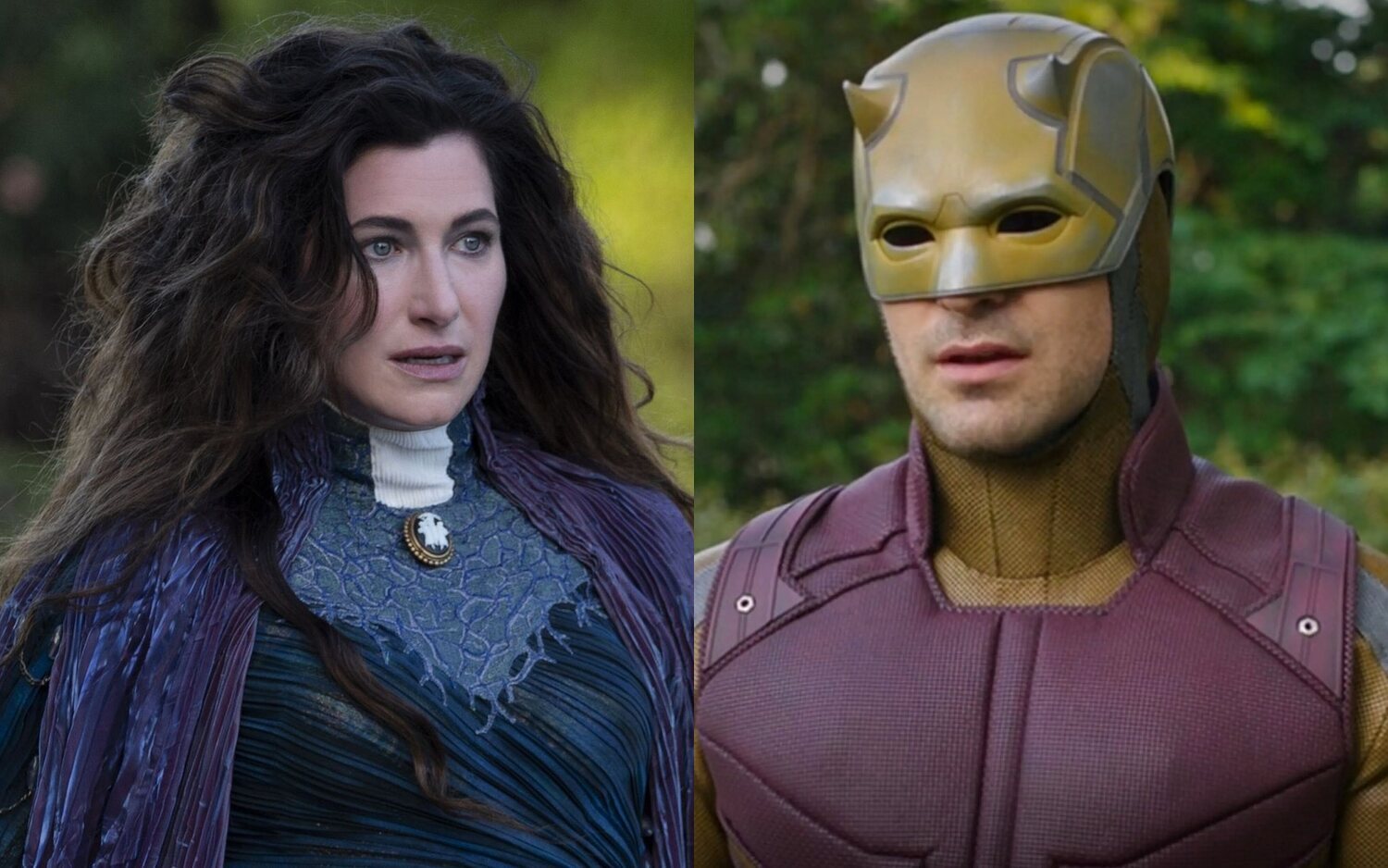 Kathryn Hahn como Agatha Harkness en 'Bruja Escarlata y Visión' y Charlie Cox como Daredevil en 'She-Hulk'