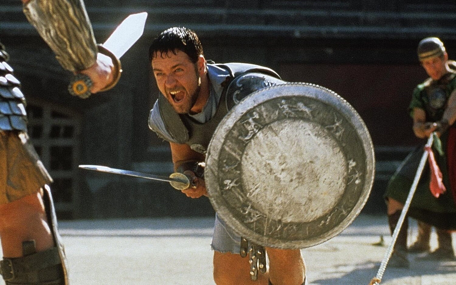 Russell Crowe en pleno combate en 'Gladiator'