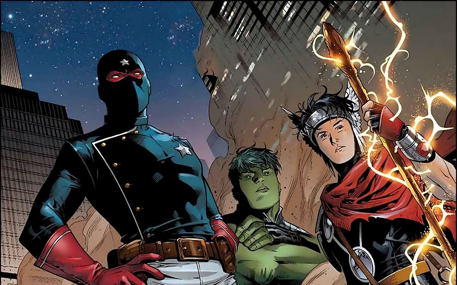 Patriota, Hulkling y Wiccan en las viñetas de 'Jóvenes Vengadores'