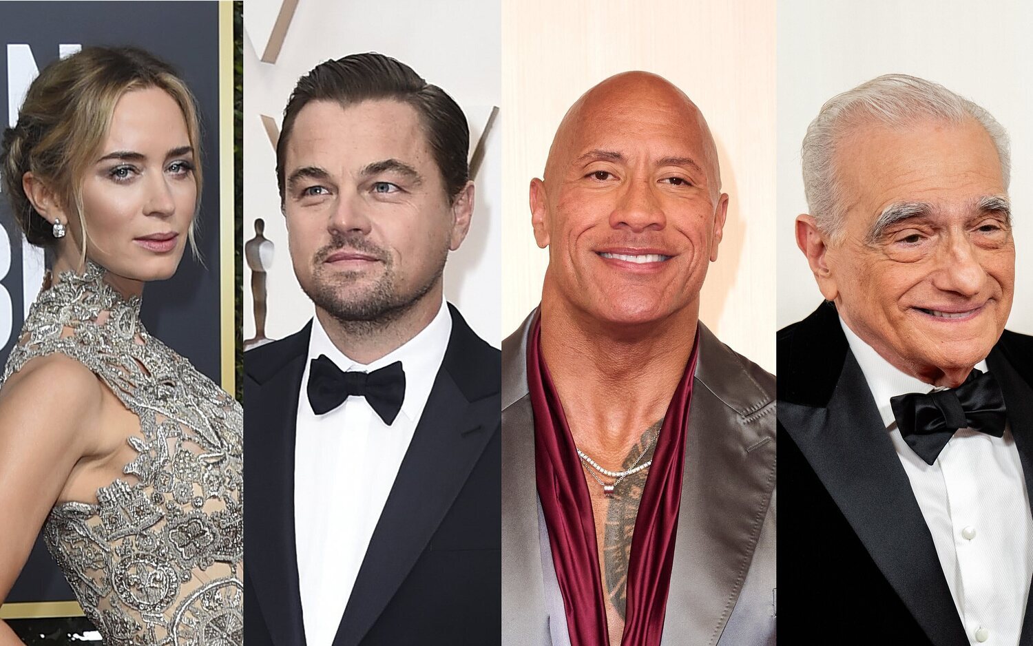 Emily Blunt, Leonardo DiCaprio, Dwayne Johnson y Martin Scorsese en diferentes imágenes de alfombras roja