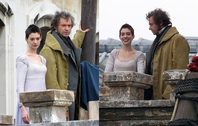 Anne Hathaway y Hugh Jackman en el rodaje de Los Miserables