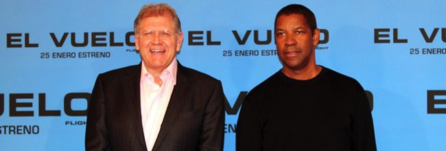 Robert Zemeckis y Denzel Washington en la presentación de El vuelo en Madrid