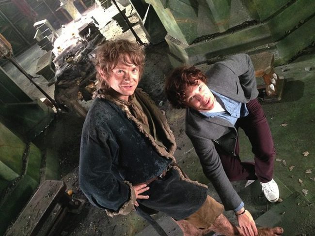 Martin Freeman y Benedict Cumberbatch en el rodaje de El Hobbit