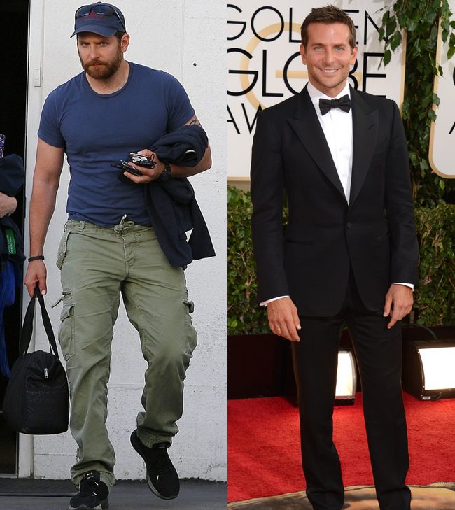 Bradley Cooper en mayo de 2014 y en los Globos de Oro, en enero de 2014