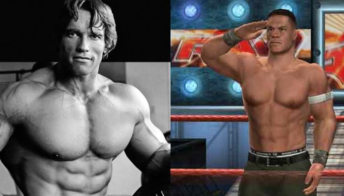 Schwarzenegger y uno de los jugadores del videojuego de la WWE