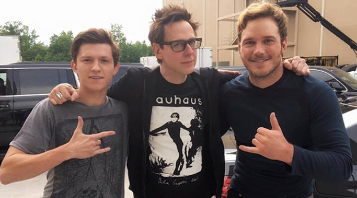  James Gunn junto a Tom Holland y Chris Pratt