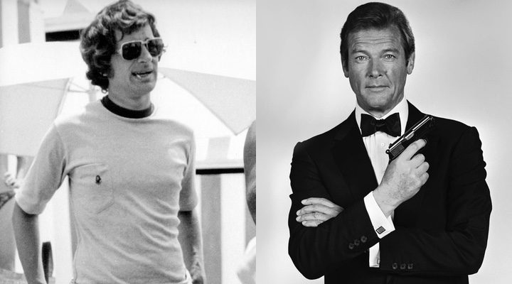  Steven Spielberg en 1975 y Roger Moore como James Bond