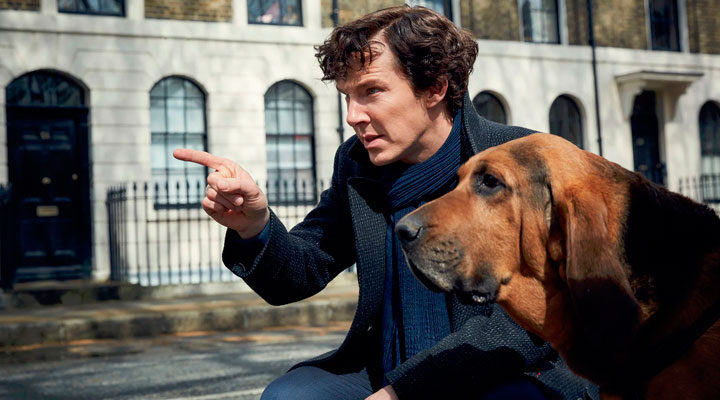 Benedict Cumberbatch (Sherlock) con un sabueso