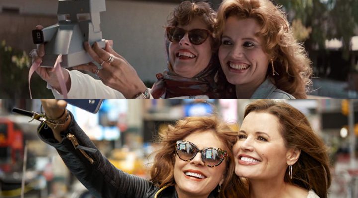  Susan Sarandon y Geena Davis haciéndose un selfie en un fotograma de 'Thelma y Louise' y en una sesión fotográfica 