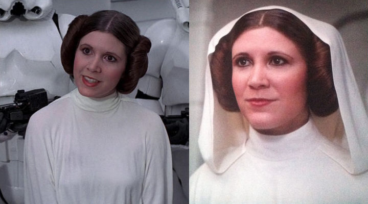  Carrie FIsher como la princesa Leia y Leia generada por CGI