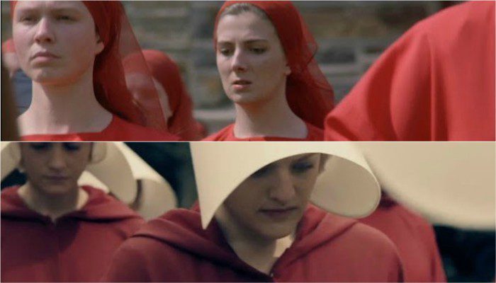  Arriba, Offred en la película de 'The Handmaid's Tale'; abajo, Offred en la serie basada en la misma novela