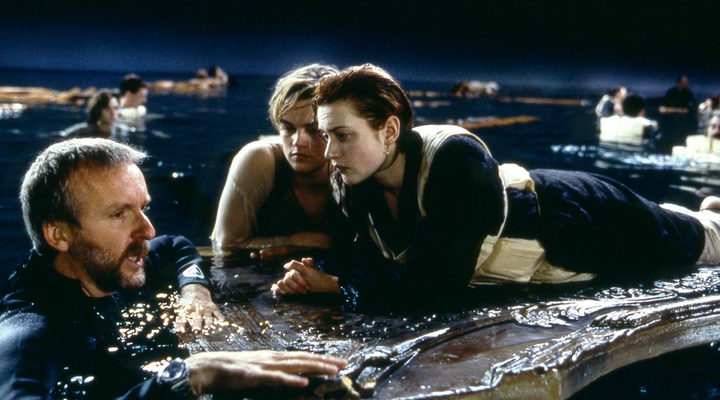 James Cameron, Leonardo DiCaprio y Kate Winslet en el set de 'Titanic'