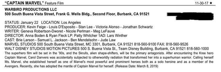 Documento de incio de rodaje de 'Captain Marvel'