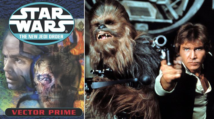  portada de la novela la novela de R.A. Salvatore 'Vector Prime' al lado de Chewbacca y Han Solo