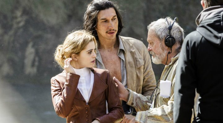 Joana Ribeiro con Adam Driver y Terry Gilliam en el rodaje de 'El hombre que mató a Don Quijote'