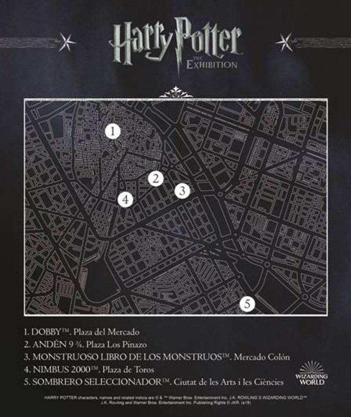 Plano del tour de estatuas de Harry Potter, en Valencia