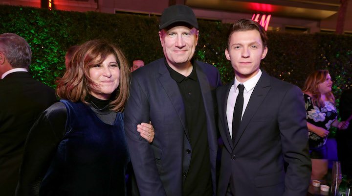 Amy Pascal con Kevin Feige y Tom Holland