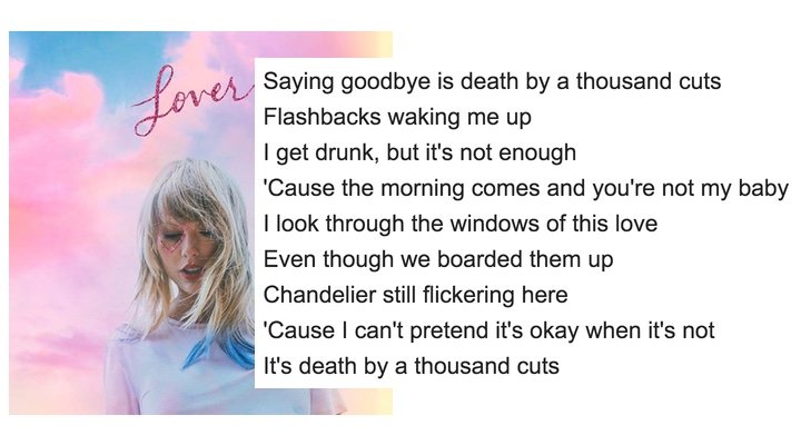  Extracto de letra de 'Death by a Thousand Cuts', canción del último disco de Taylor Swift, 'Lover'.