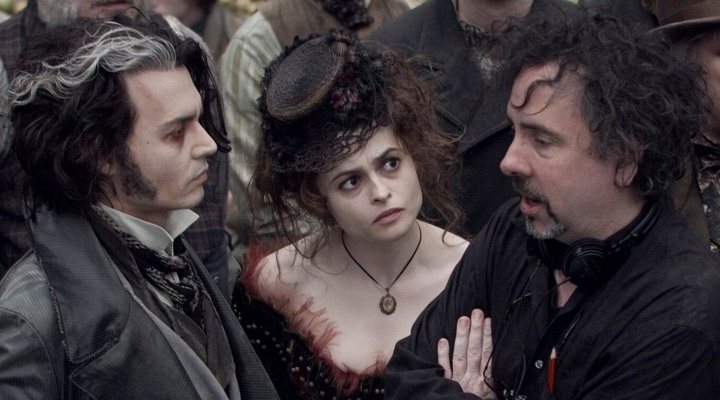 Johnny Depp, Helena Bonham Carter y Tim Burton en el rodaje de 'Sweeney Todd'