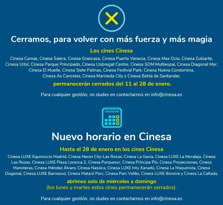 Lista de cines de Cinesa que cierran o que cambian el horario de apertura