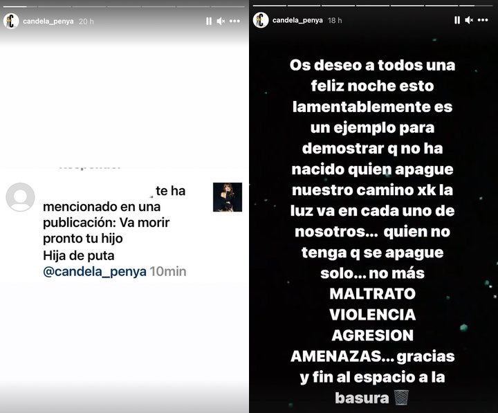 Stories de Instagram de Candela Peña con amenazas de muerte a su hijo