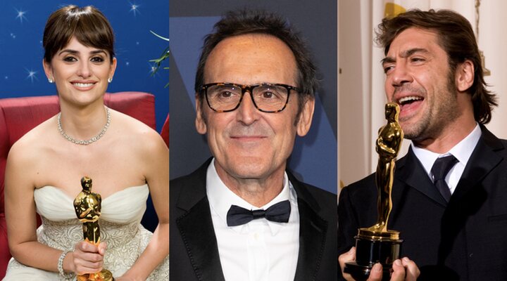 Penélope Cruz, Alberto Iglesias y Javier Bardem en los Oscar