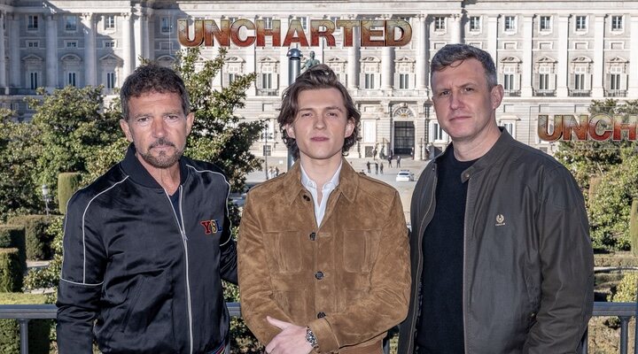 Antonio Banderas, Tom Holland y Ruben Fleischer en Madrid presentando 'Uncharted'