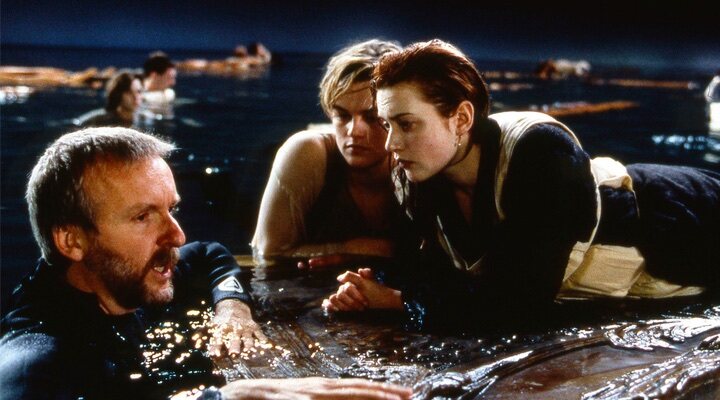 James Cameron, Leonardo DiCaprio y Kate Winslet en el rodaje de 'Titanic'