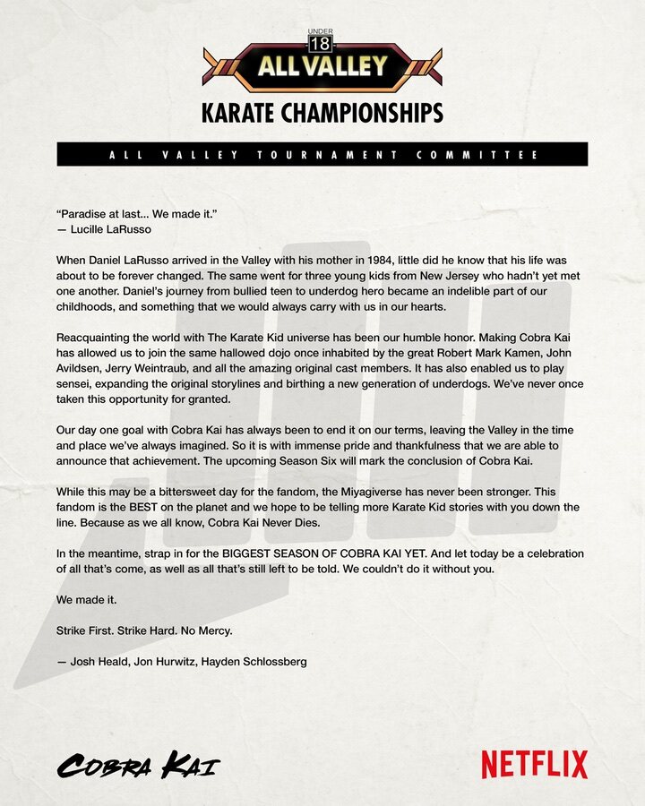 Carta de los creadores de 'Cobra Kai' sobre el final de la serie