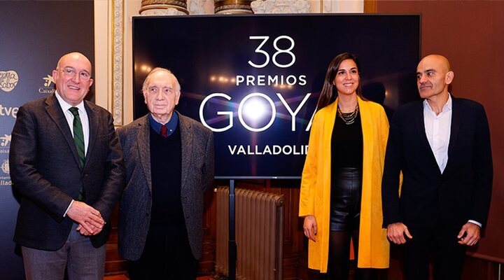 Jesús Julio Carnero, Fernando Méndez-Leite, Rafael Portela y Blanca Jiménez Cuadrillero en la rueda de prensa de Valladolid sobre los Premios Goya 2024