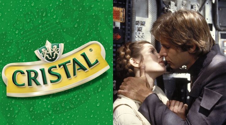  Logo de Cervezas Cristal y Carrie Fischer y Harrison Ford en 'El imperio contraataca'